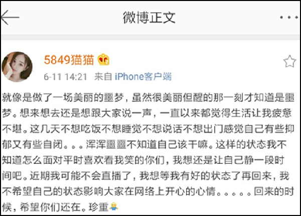 猫猫宣布停播休息,调整心态